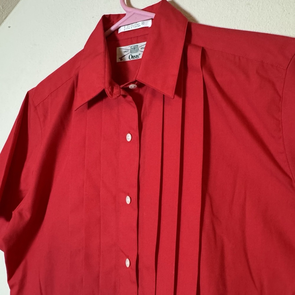 Orvis Women's Red Short Sleeve Button Front Blouse Size 8 Pleated Front
